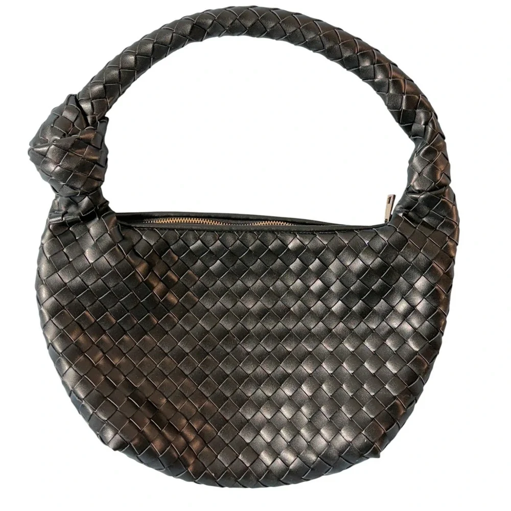 A New Day Woven Knot Handle Handbag Women Small Black Faux Leather Hobo Bag